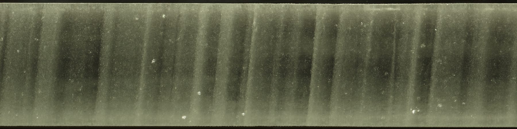 A section of the GISP2 Greenland ice core with dozens of pale and dark annual layers running across it.