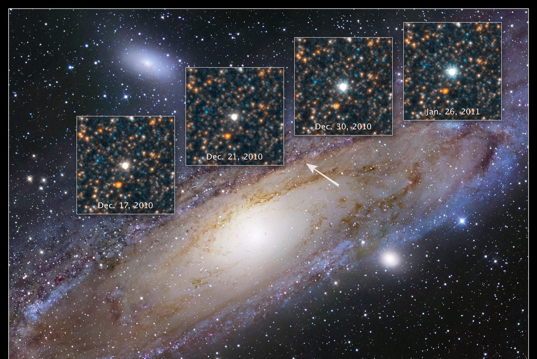The Andromeda galaxy with four Hubble close-ups of the Cepheid variable V1, dated Dec 17, Dec 21 and Dec 30, 2010 and Jan 26, 2011.