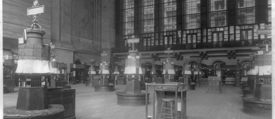 Ticker stations on the floor of the New York Stock Exchange, about 1922