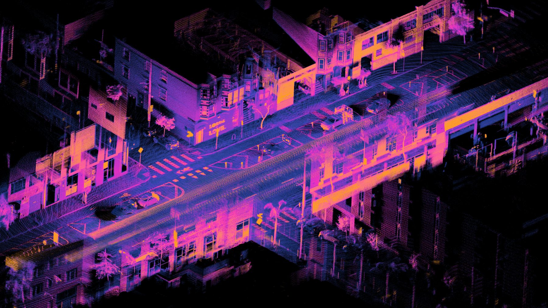 An orthographic lidar point cloud of a city intersection, buildings and trees rendered in orange and violet points on black.