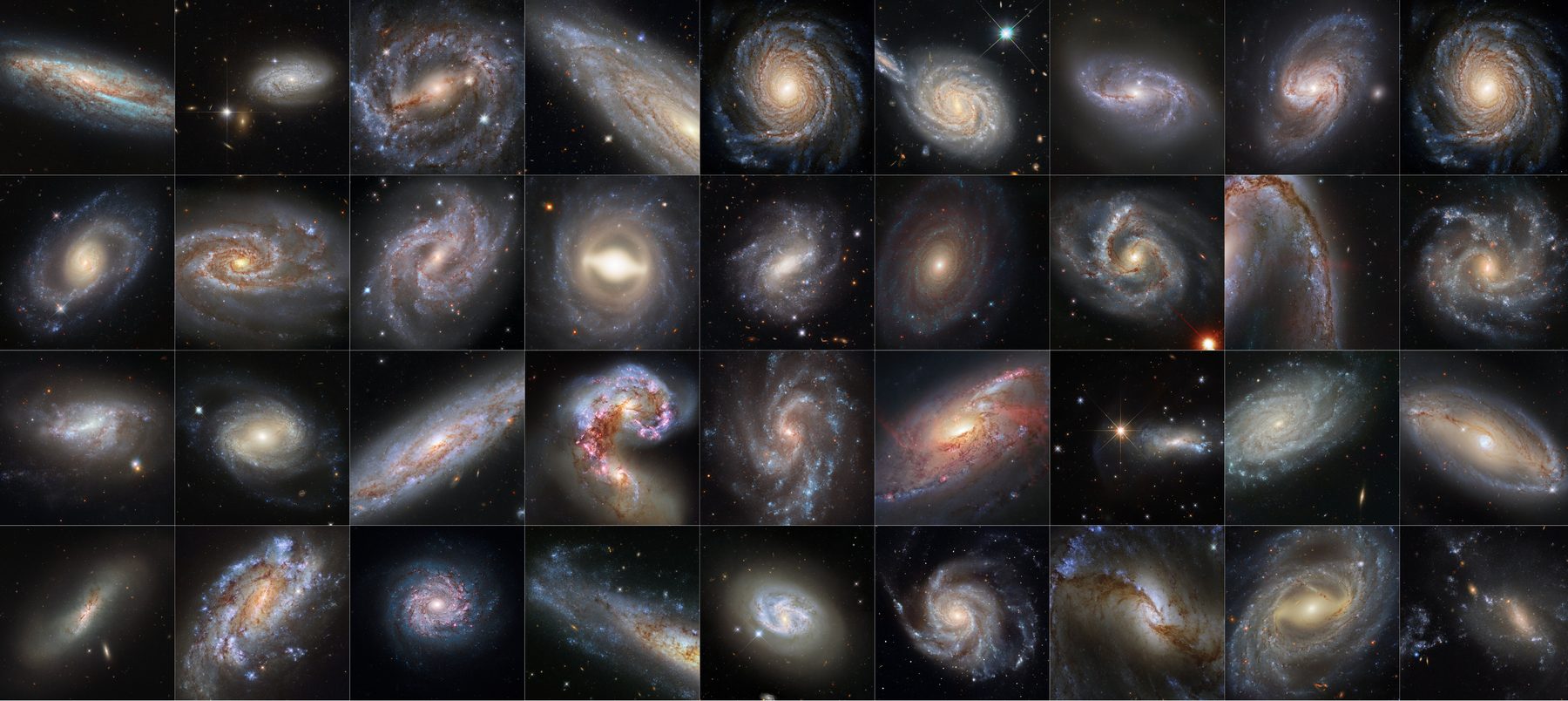 A grid of 36 Hubble images of spiral galaxies, each a host to both Cepheid variables and a Type Ia supernova.
